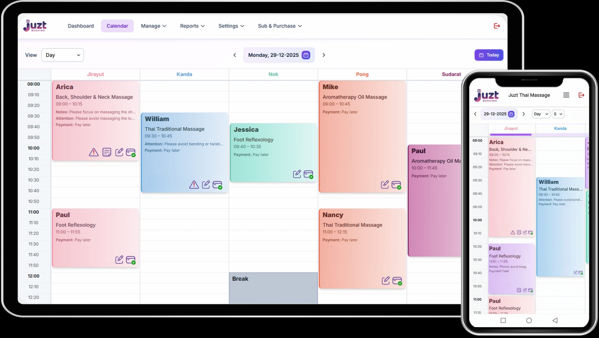 JuztBooking agenda op tablet en telefoon